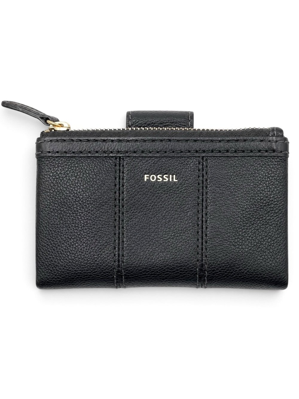 Fossil Ella Black Pebbled Leather Bifold Wallet Zip Coin Pocket Compact Clutch